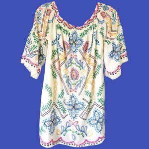 Flying Tomato Women's Boho Off-Shoulder Top Multicolor Dress Lace Trim Size M